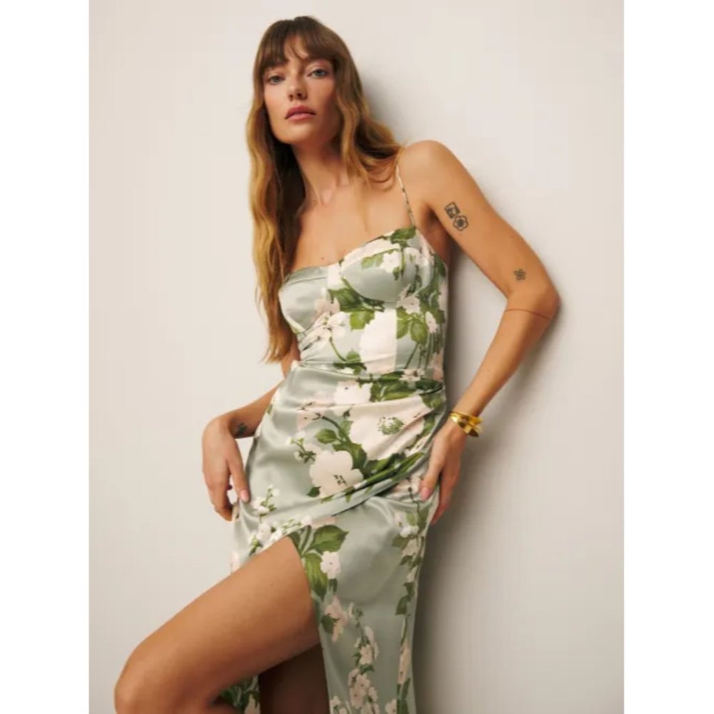 Reformation Marguerite Silk Dress in Tarragon Green White Floral Midi Tie
